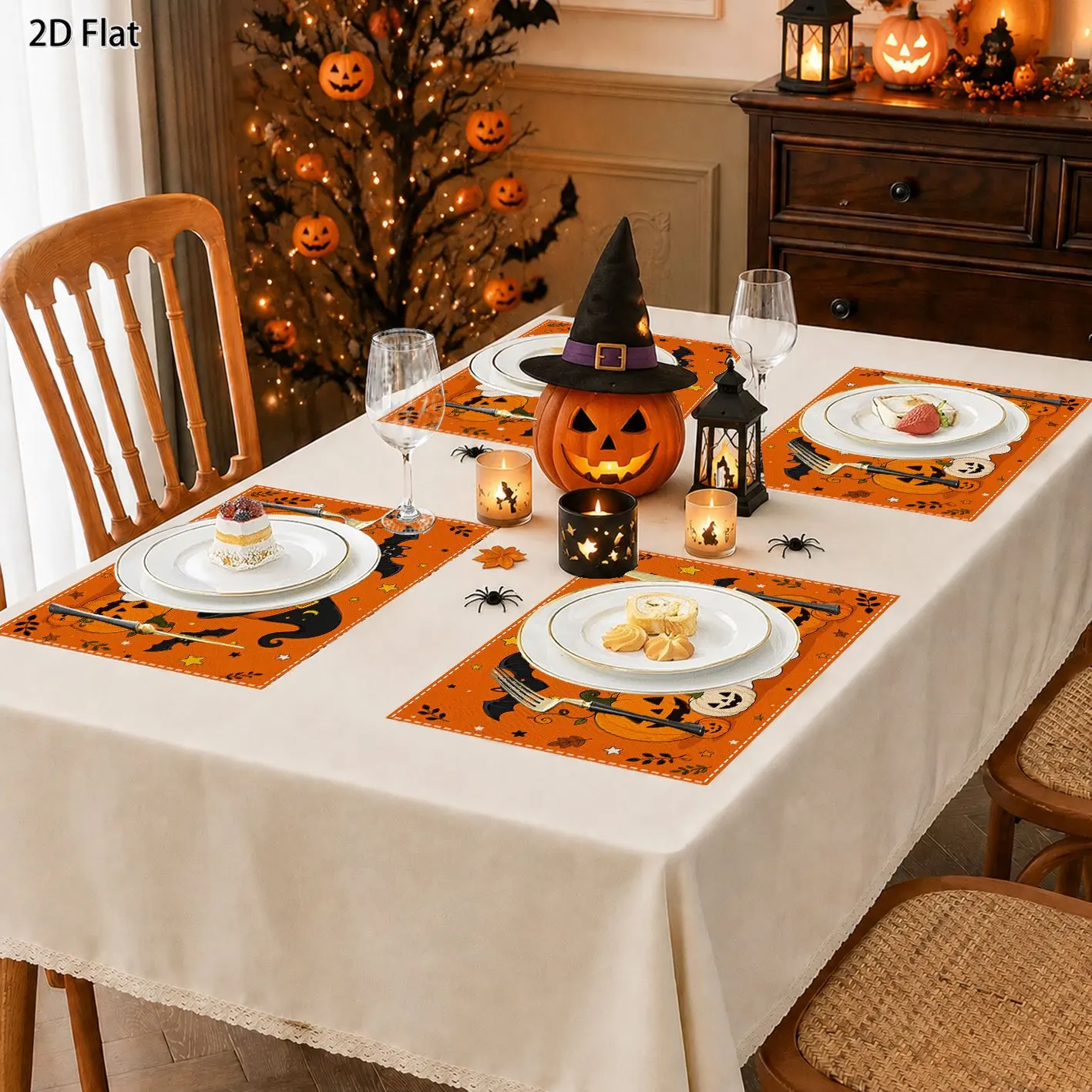 4pcs Halloween Placemat Set, Orange Background Ghost Pumpkin Witch Hat Bat Star Print for Kitchen Party Family Table Decor