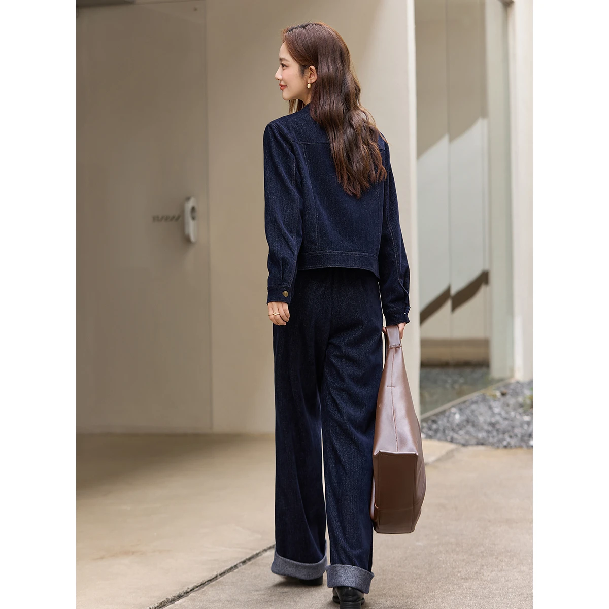 VIMLY Denim Two-Piece Set for Woman 2025 Autumn Round Neck Zipper Front Jacket & Wide Leg Trousers Casual Comfort Outfit A3093