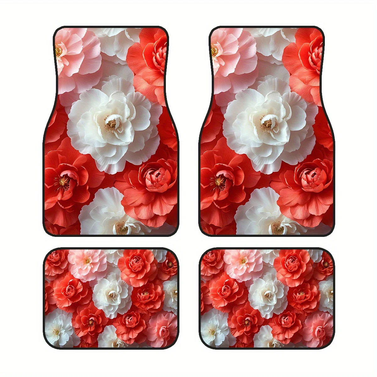 4pcs, Non-Slip Polyester Car Mats With A Red And White Rose Pattern, Suitable For Sedans And Suvs, Serving As Interior Decor And