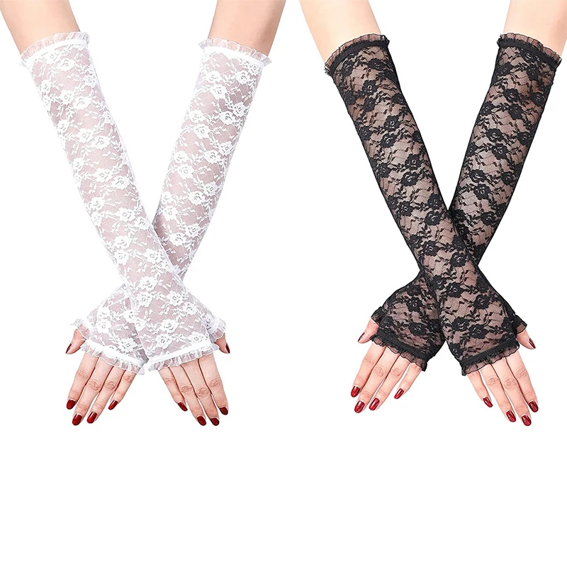 1Pair Sexy Long Lace Hollow-Out Fingerless Gloves Sun Protection Sleeves Mesh Lace Thin Cycling Accessories Bare Finger Gloves