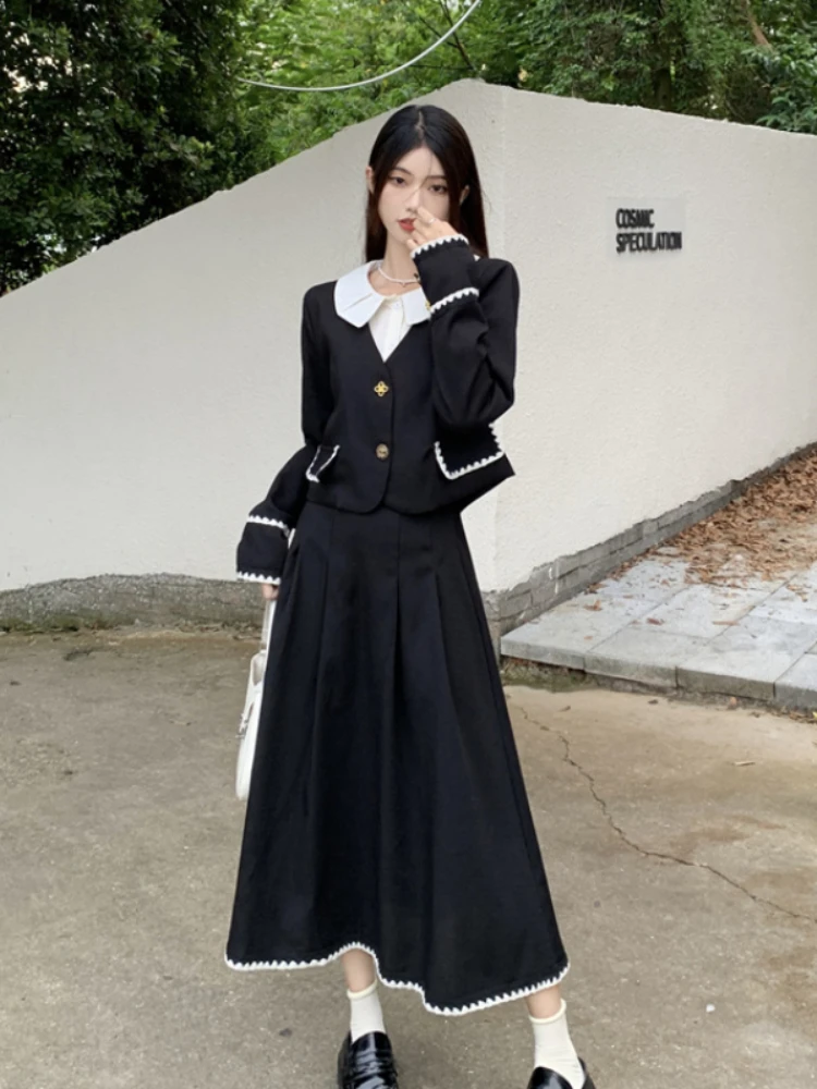 UNXX Autumn Small Fragrant Doll Neck Lace Splice Thick Tweed Coat Long Skirt Set Black Blazers Pleated Skirt Two Piece Set Women