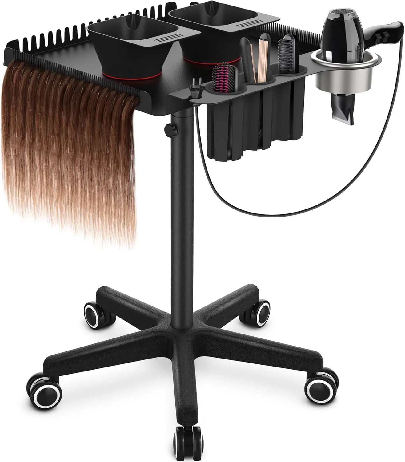 Rolling Salon Tray on Wheels, Metal Hairstylist Tray Rolling Cart for Hair Salon Station with 2 Magnetic Hair Color Bowl