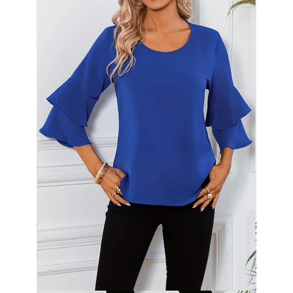 Camisa holgada informal de talla grande 1XL-5XL para mujer, camisa de manga acampanada en capas, Color sólido, blusa de manga larga a la moda para mujer