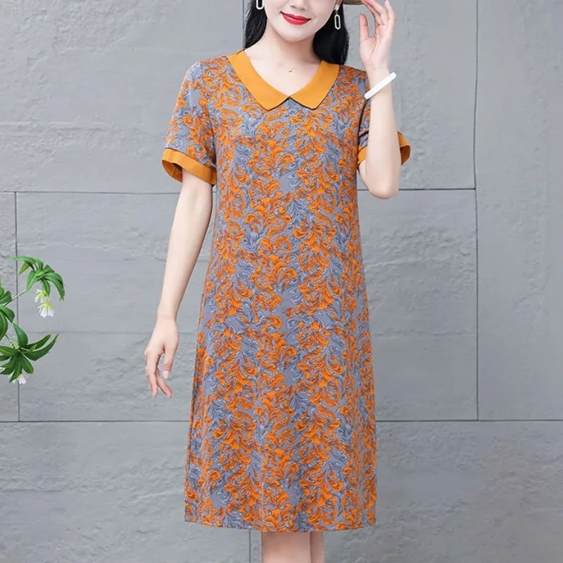 2024 Summer Women's New Patchwork Pullover Turndown Collar Printing Fashion Slim Fit Versatile Casual Short Sleeve Dresses