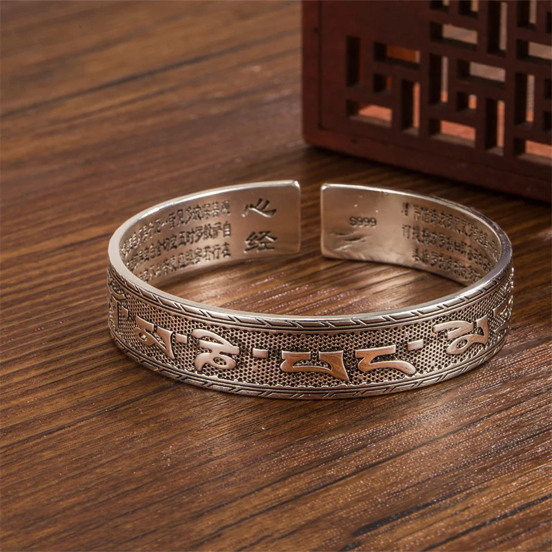 Carved Sanskrit Proverbs Bangles Men Jewelry Retro Buddhist Heart Sutra Silver Plated Bangle Women Six-Character Mantra Bracelet