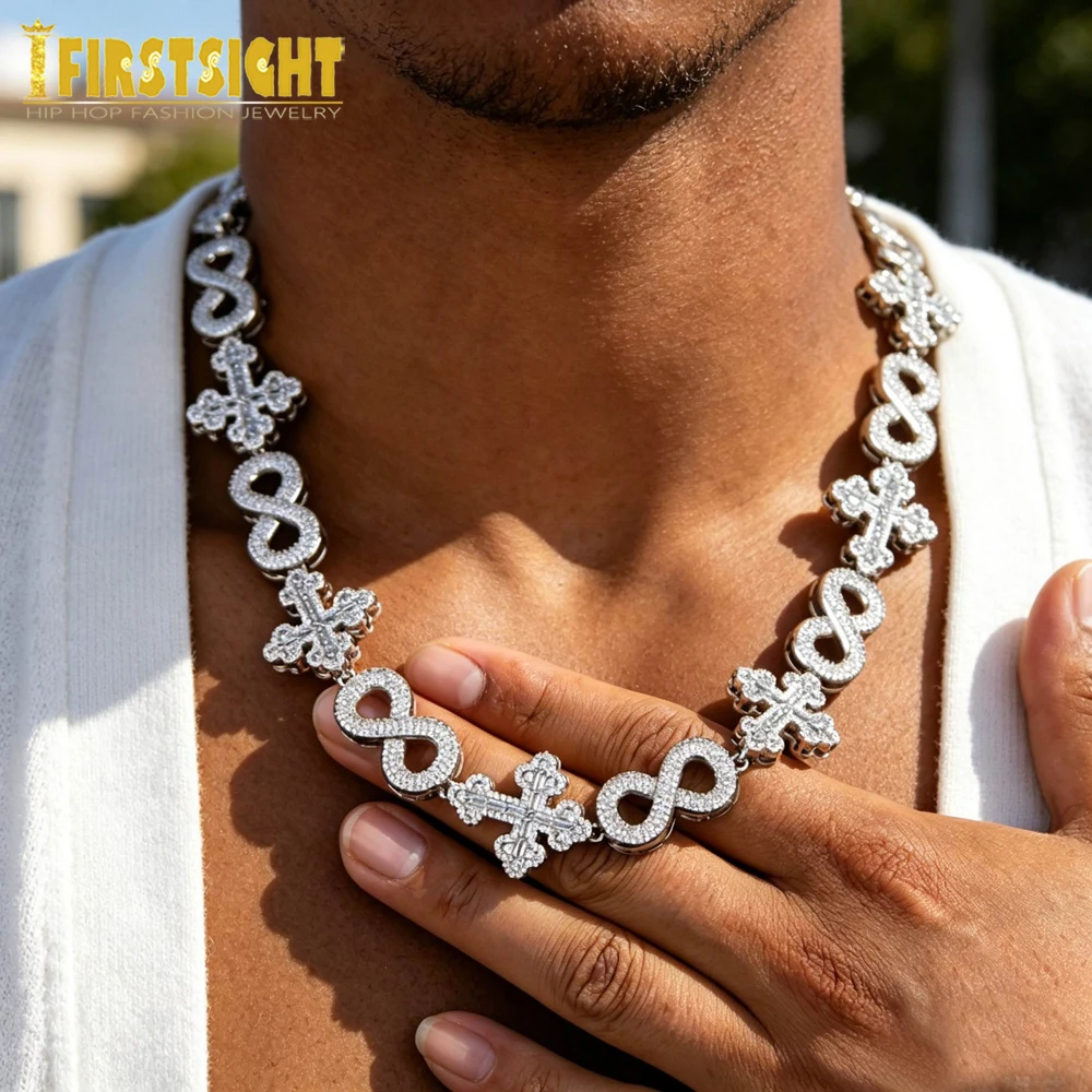 New Iced Out Infinity Link Chain Cross Necklace For Men Women Silver Color Cubic Zirconia Cuban Chain Hip Hop Fashion Jewelry