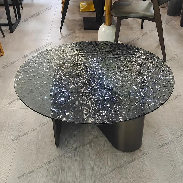 yj15 Water ripple glass round modern coffee table light luxury simple stainless steel side table