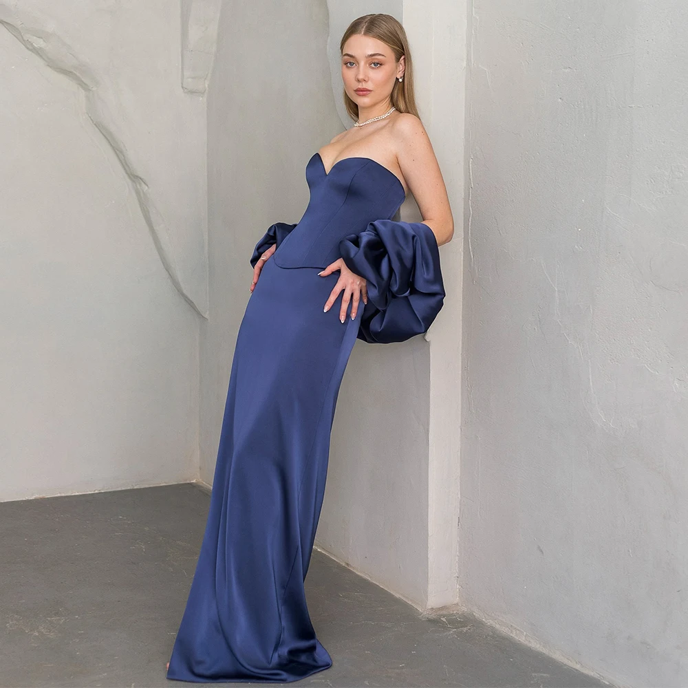 

Navy Blue Evening Dress Satin Sweetheart Side Split Column Evening Gowns for Women With Shawl Floor Length Formal Party Dresses