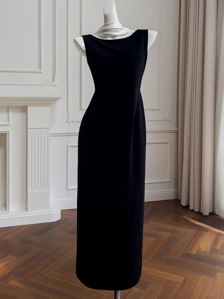

Ele Vintage Hepburn Sle Bla Long Slim Fit Dr Высокая талия Полиуретановое эластичное волокно No Sve round Ne Повседневная одежда