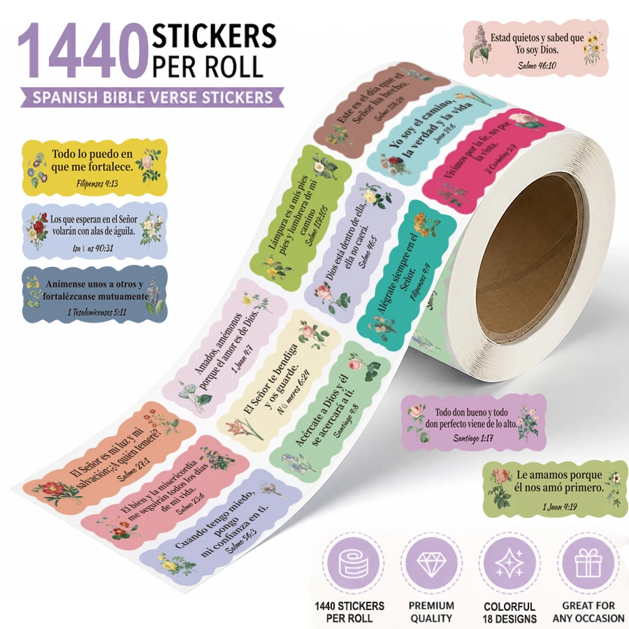 

1440 Pcs Spanish Bible Verse Stickers Roll Inspirational Scripture Labels Christian Faith Stickers