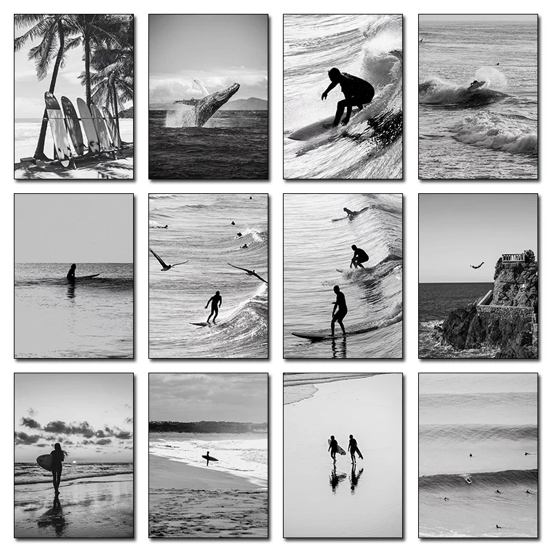 Fine Surfing Black and White Photography Poster Beach Whale Prints Nautical Canvas Painting Wall Pictures Home Living Room De
