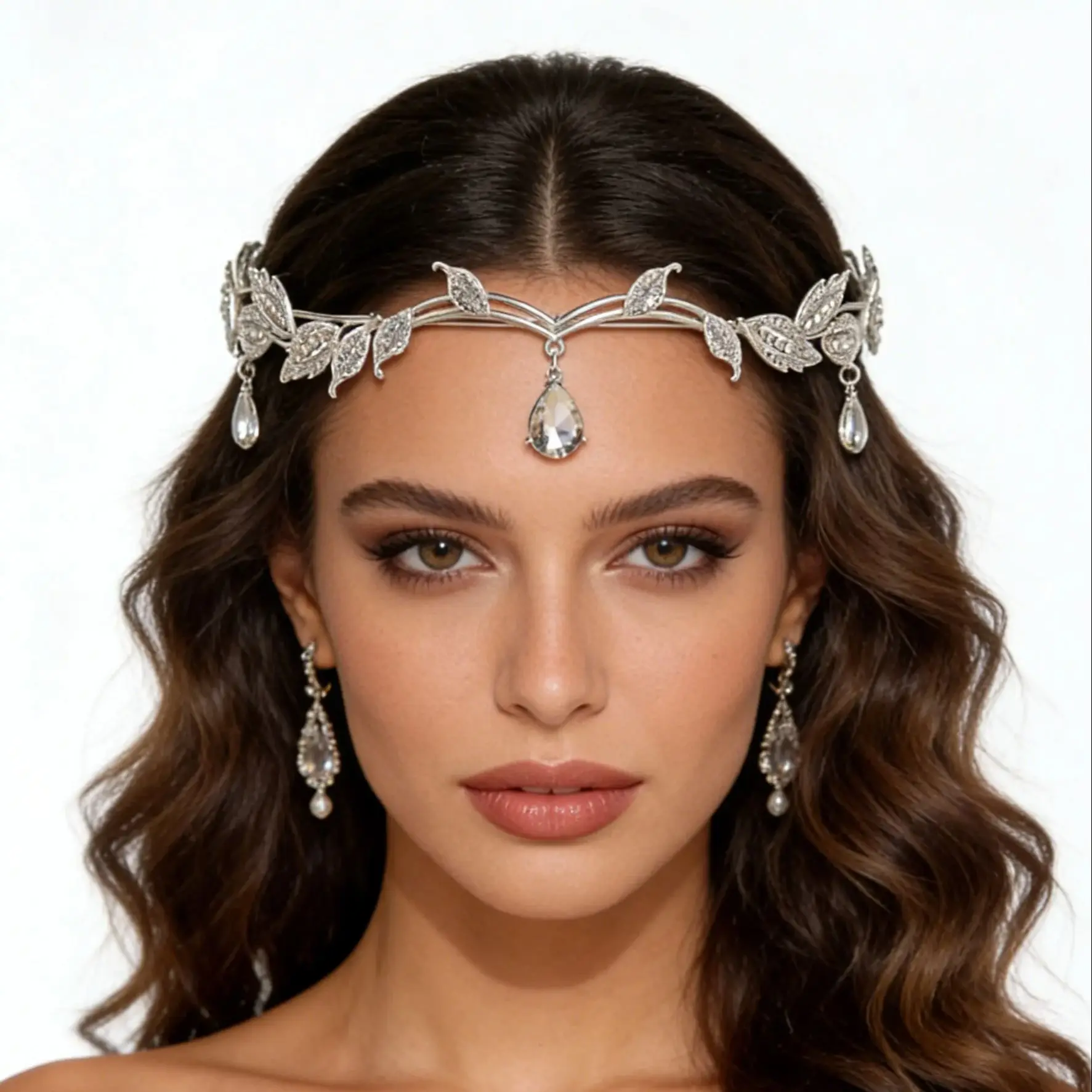 

Свадебные повязки на голову AWAYTR с бриллиантовыми подвесками, венок из оливковых веток из сплава, аксессуары для волос со стразами, свадебные украшения для головы