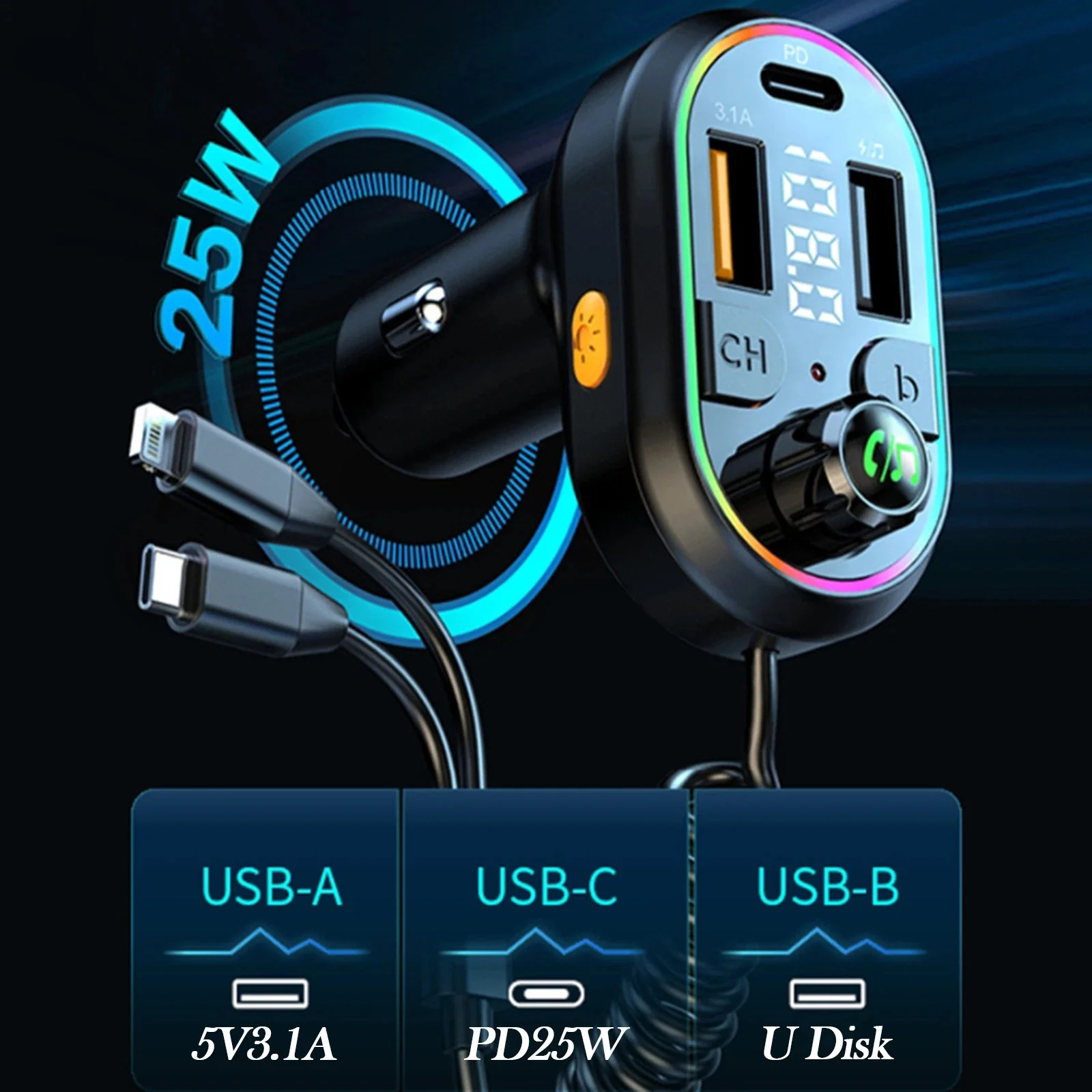 سيارة شحن سريع بلوتوث 5.0 FM الارسال استقبال الصوت اللاسلكي سيارة مشغل MP3 25 واط PD نوع-C ميناء كابل شحن #5