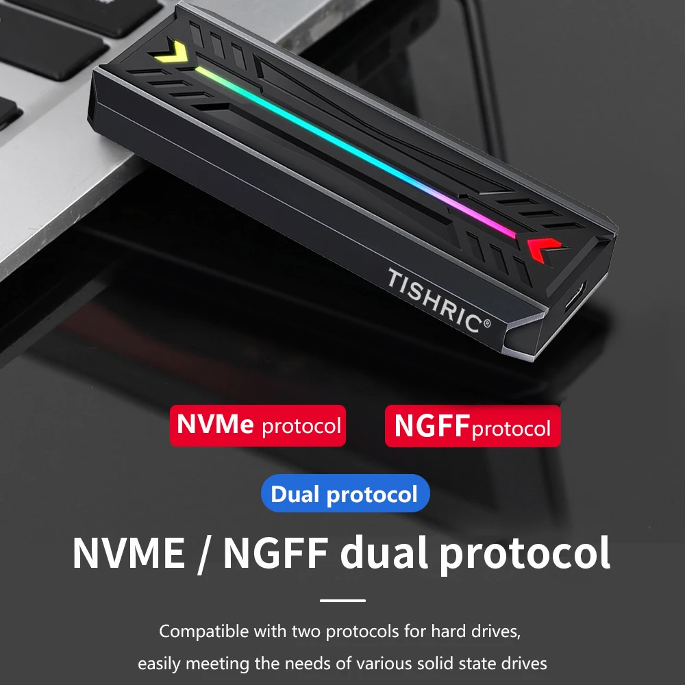 TISHRIC External SSD Nvme Enclosure M.2 NGFF NVME Dual Protocol Solid State Drive Case Supports M.2 NGFF 2230/2242/2260/2280