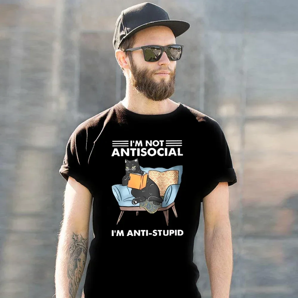 

Футболка оверсайз для мужчин и женщин, забавный топ с рисунком кота, не защищает от социальных сетей, 100% хлопок, лето