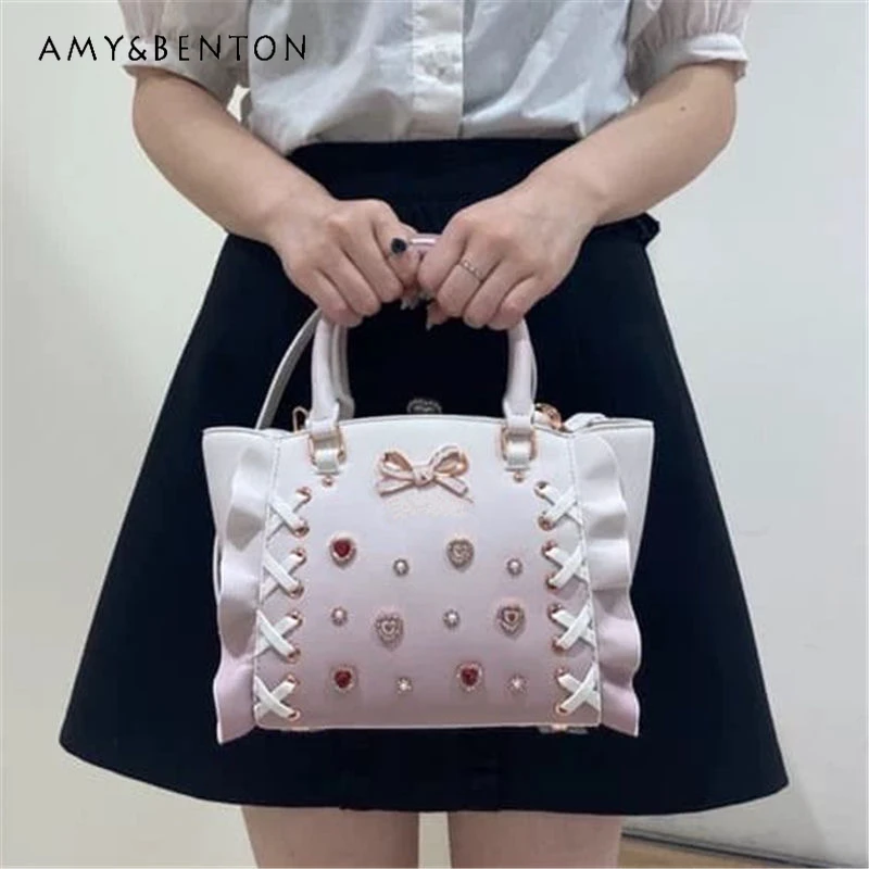 Japanese Lolita Tote Bag Gradual Change Color Rhinestone Mine Series Bow Handbags Trendy Pu Leather Crossbody Bags for Women