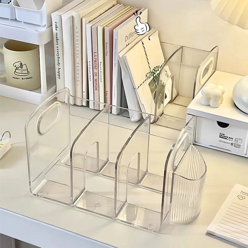 

Convenient Clear Acrylic Bookends with Handle Desk Organizer Divided Book Stand Desktop Sorting Rack Book Holder New