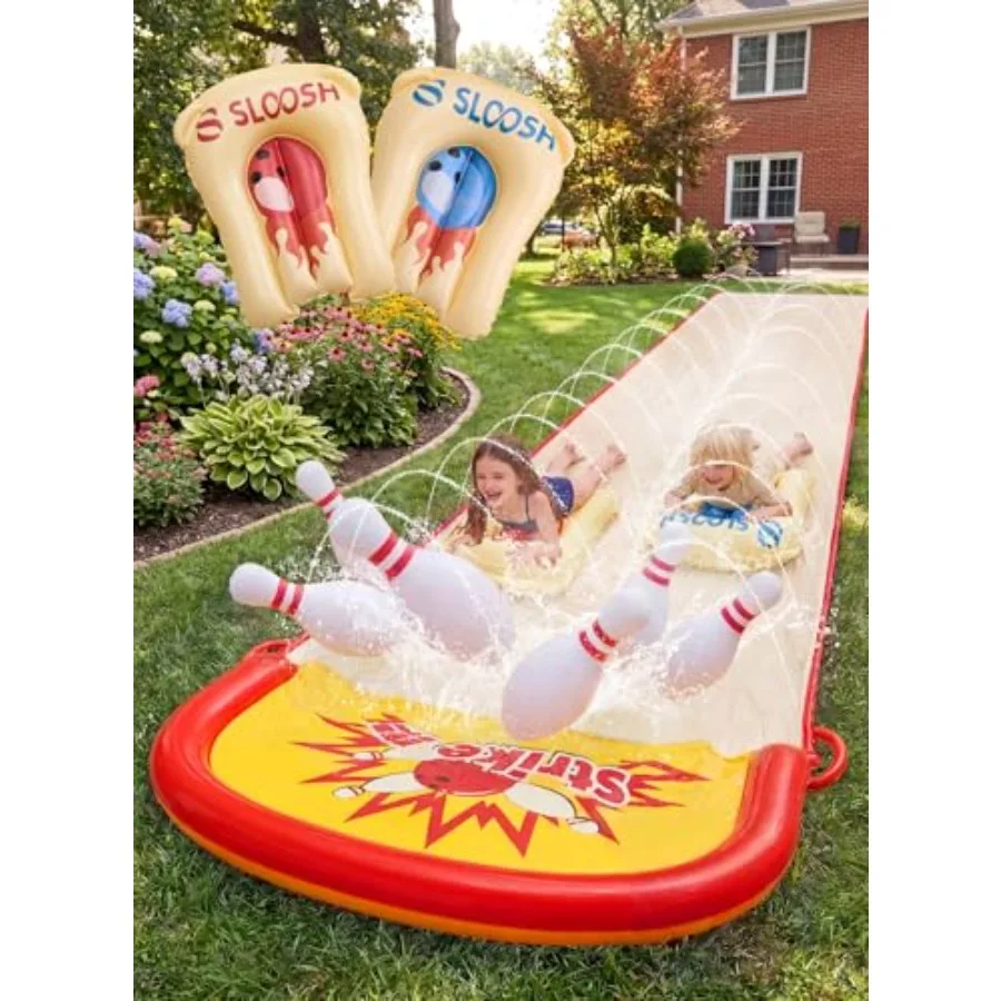 Backyard outdoor fun for kids: 20FT lawn water slide bowling game set with PVC material, blue and yellow color, built-in sprink