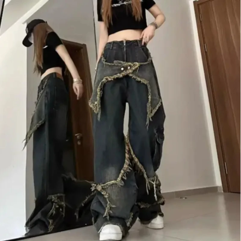 American Retro Heavy Industry Loose Jeans Women's Design Sense Burr Edges Floor Dragging Straight Leg Long Pants Men's Clothing