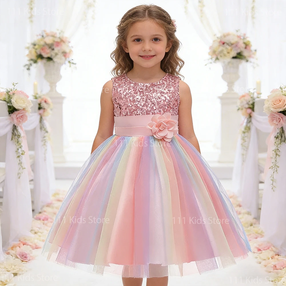 Elegante Mädchen-Partykleider Blumenmädchen-Hochzeitskleid Sommer Pailletten Regenbogen Mesh Brautjungfernkleider Kinder Prinzessinnenkleid