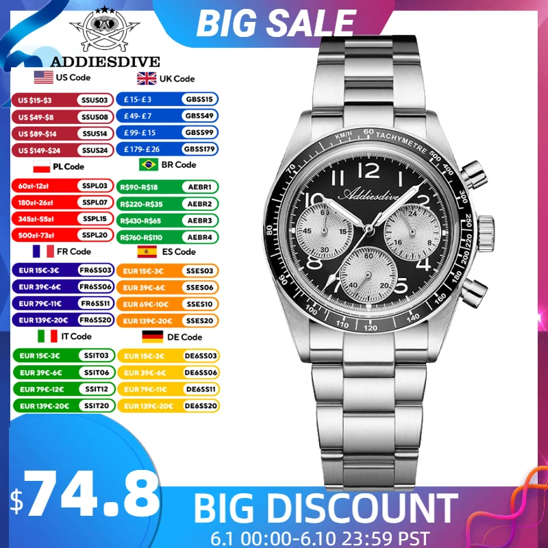 

ADDIESDIVE New Men Watches Quartz Japan 0S20 Chronograph Luxury Ceramic Bezel Wristwatch Super Luminous 100m Waterproof Diving