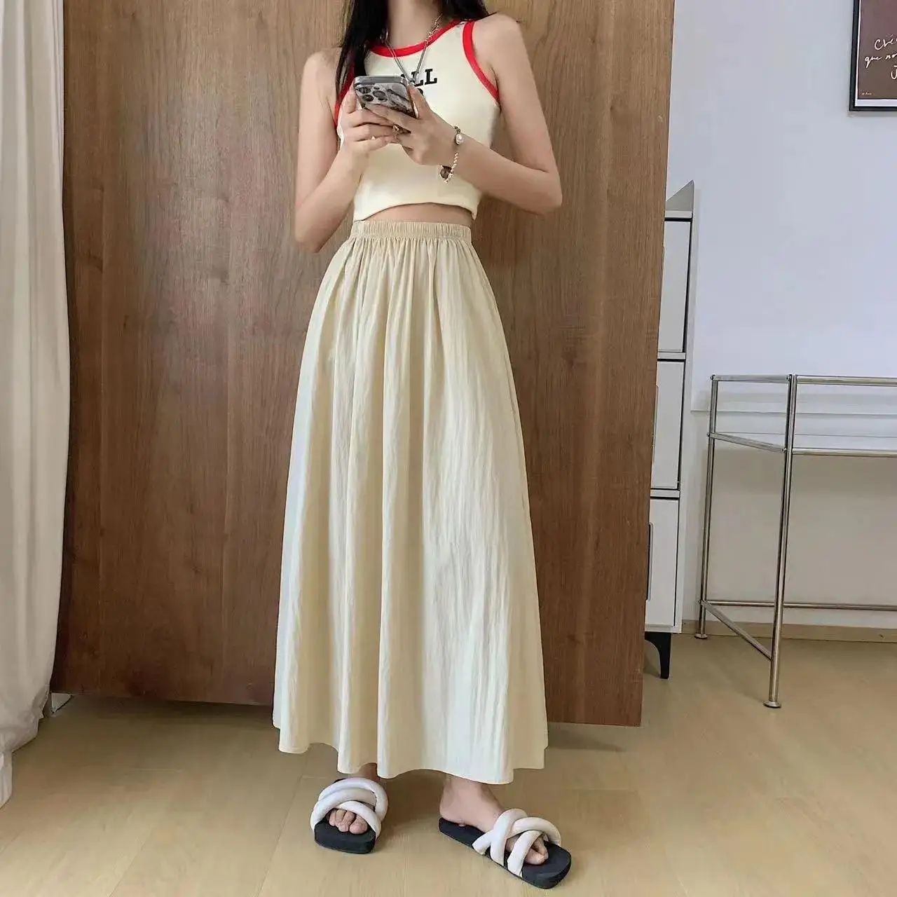 Summer New Loose Slimming Casual  Yellow Peach Color High Waist Pleated Long Skirt A-Line Half-length Women's Skirt