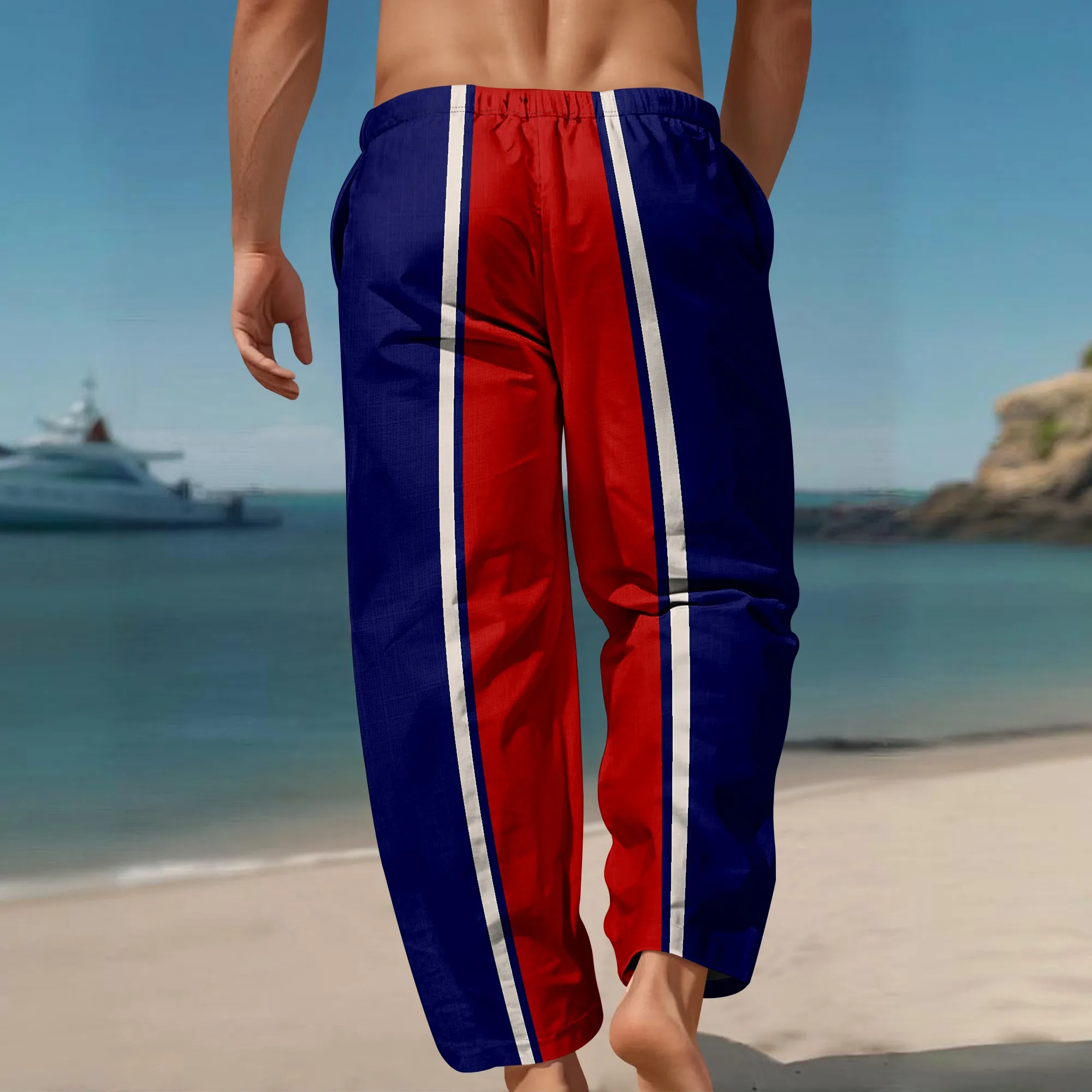 YEAE Blue Red Stripe Print Pants for Men Summer casual Loose Drawstring Trousers