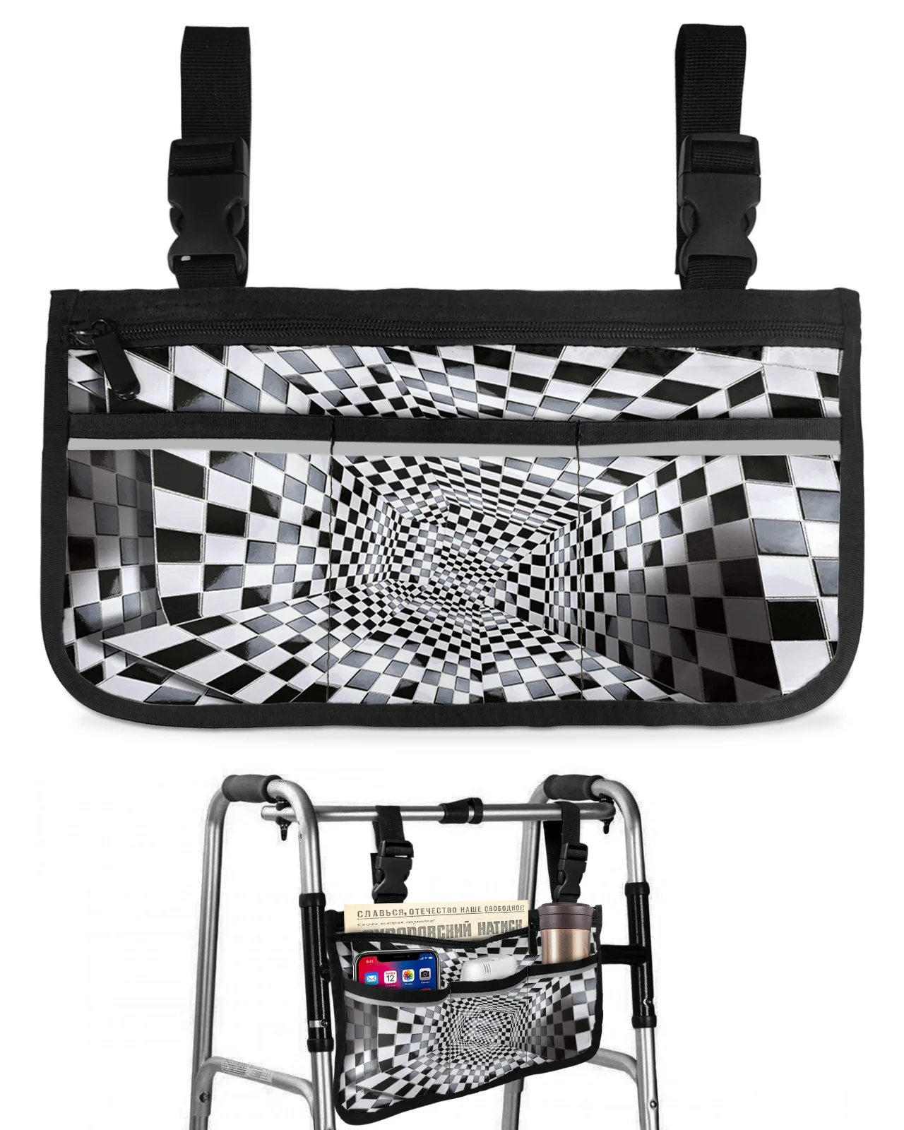 3D Space Grid Wheelchair Bag With Pockets Reflective Strips Armrest Side Bags Electric Scooter Walking Frame Storage Pouch