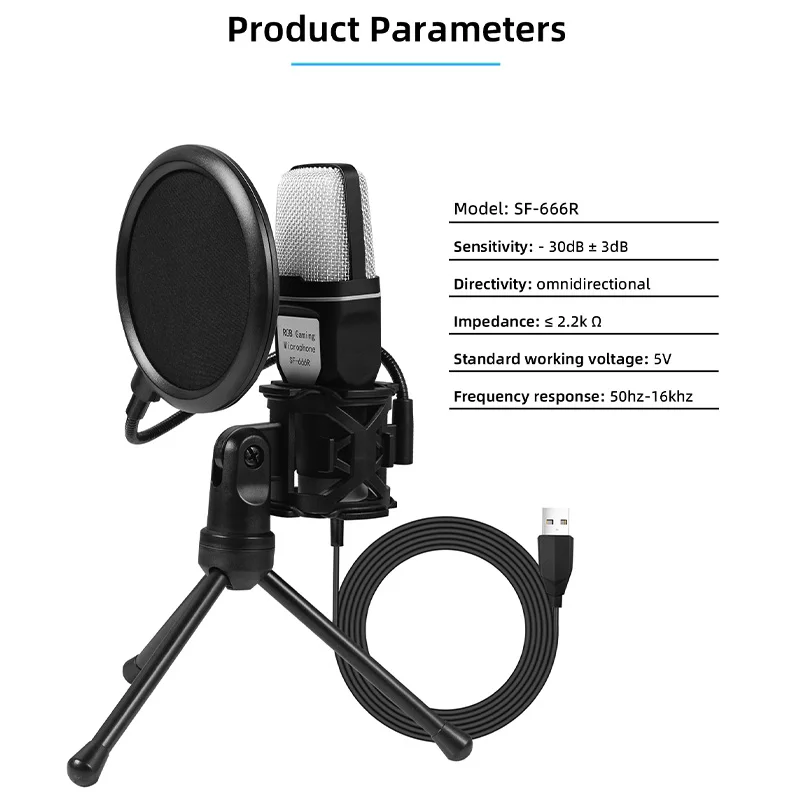 USB Gaming Microphone RGB Microfone Condensador Wire Mic for Podcast Recording Studio Streaming Laptop Desktop PC Mic