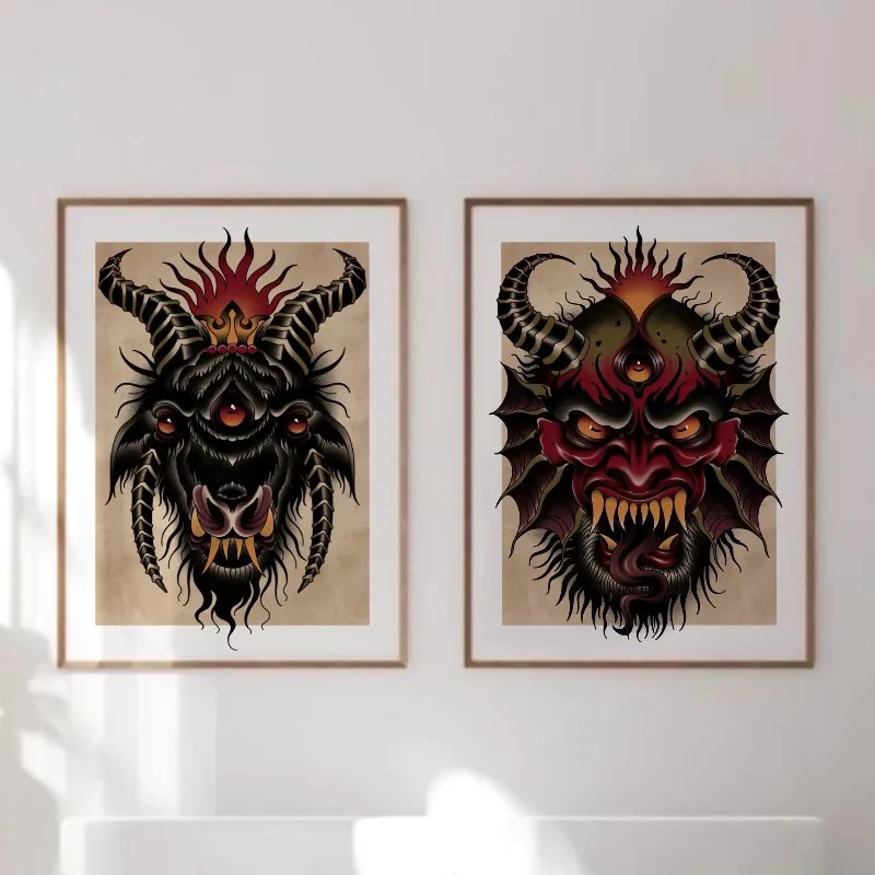 Demon Print Gothic Horned Creatures Old School Style Wall Vintage Occult Satanic Poster Gothic Home Decor Traditional Painting