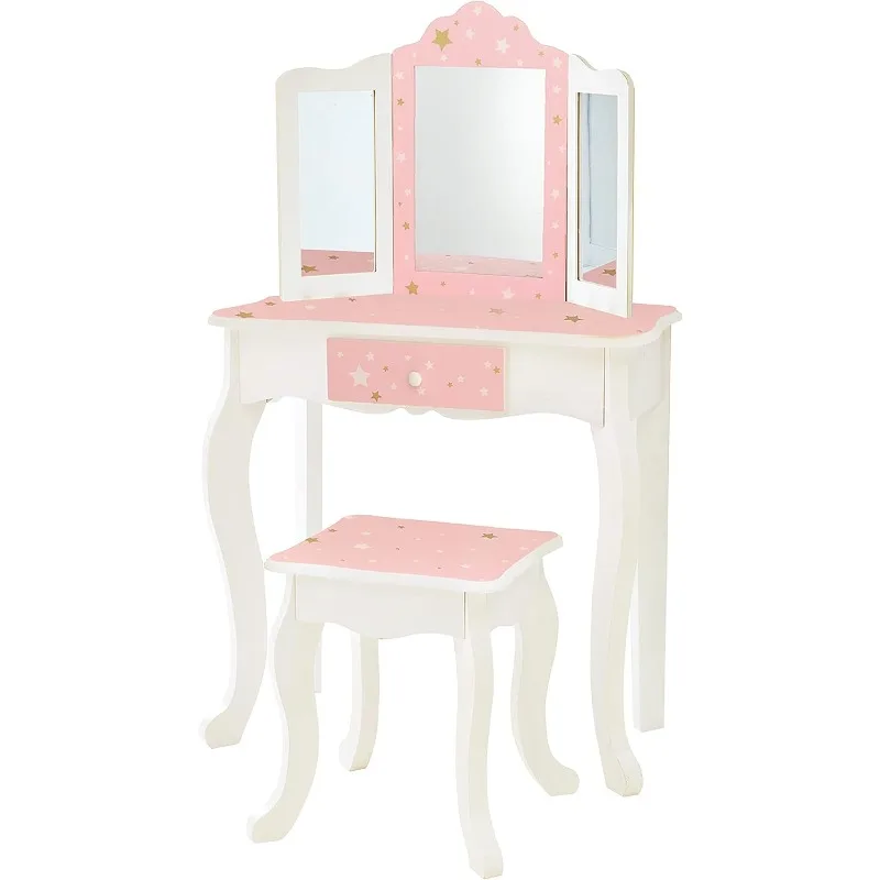 

2-Piece Kids Wooden Play Vanity Set with Vanity Table, Tri-Fold Mirror, Storage Drawer,