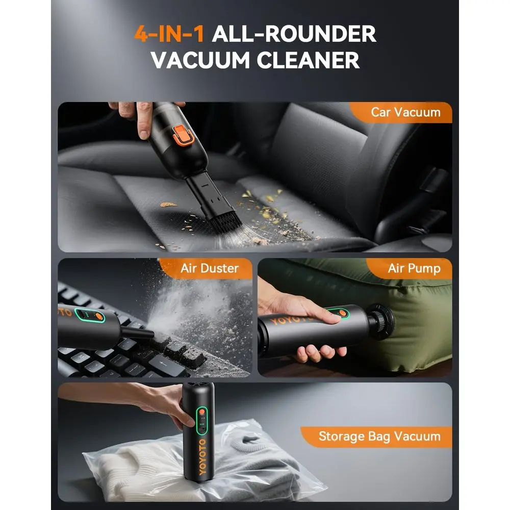 เครื่องดูดฝุ่นแบบมือถือไร้สาย, แรงดูด 21000Pa, 3 โหมด, เครื่องทำความสะอาดขนาดเล็กแบบพกพา 4-in-1 สำหรับรถยนต์, บ้าน และสำนักงาน (สีดำ)