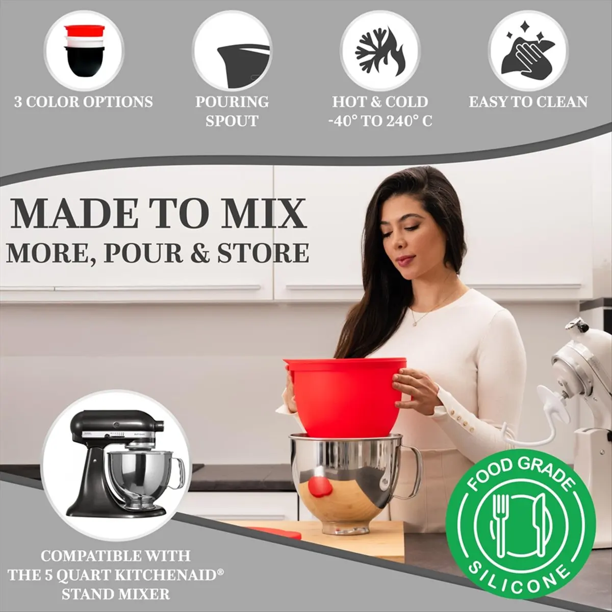 Silicone Liners for 5 Quart Stand Mixer - Stand Mixer Accessories, No More Mixer Bowls Needed A