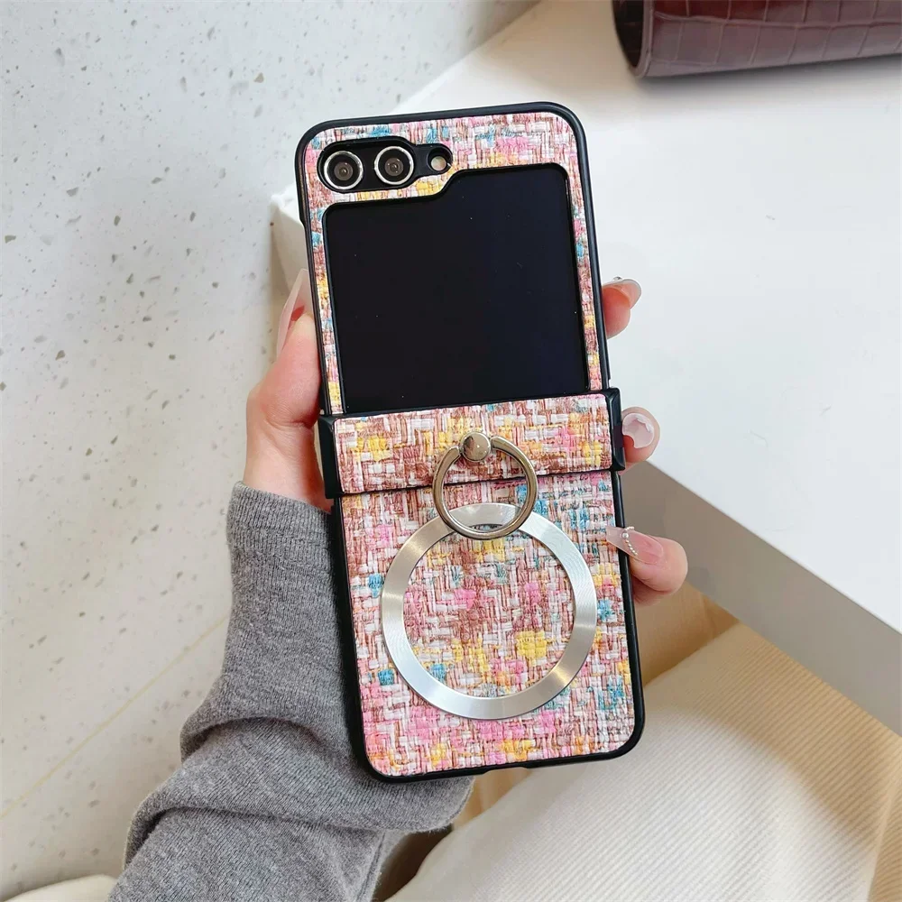 Luxury Fashion Ring Holder Magnetic Weave Leather Phone Case For Samsung Galaxy Z Flip 7 FE 6 5 4 3 5G Hinge Protective Cover