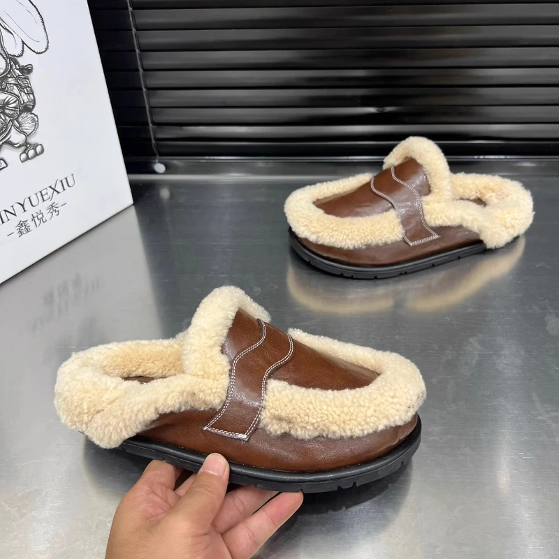 2025 Winter Casual Fashion Women\'s Shoes Lamb Velvet Thick-soled Baotou Slippers Women\'s Flat-soled Warm Mules Zapatos De Mujer
