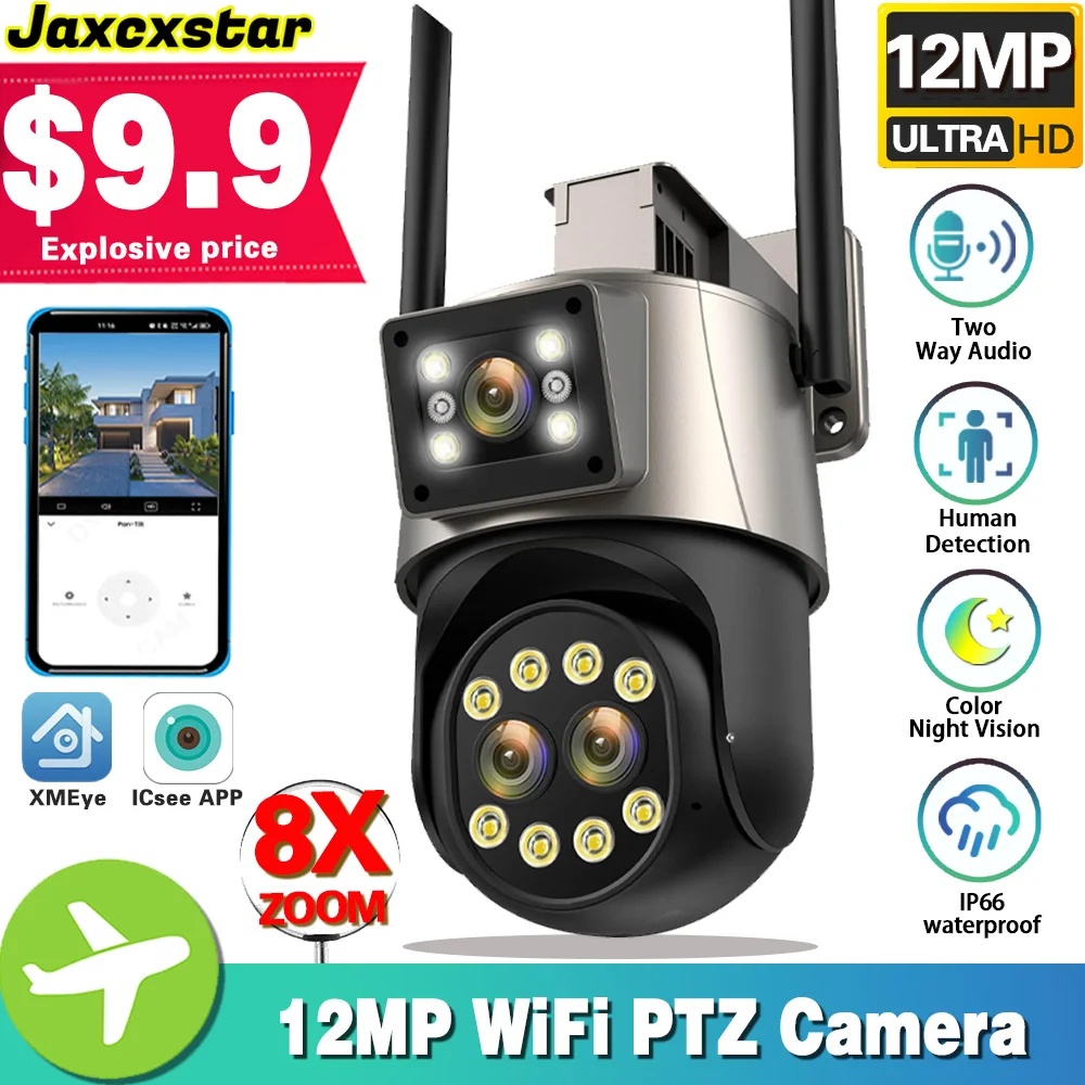 

12MP 8X Zoom PTZ WiFi Camera Three Lens Dual Screen Color Night Vision Outdoor Security IP Camera CCTV Surveillance Camera ICSEE