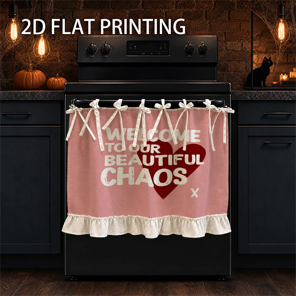 1PC Kitchen Curtain-Cabinet Curtain-Apron. Printed with hearts and text. Can be used as a stove curtain, oven curtain, or kitche