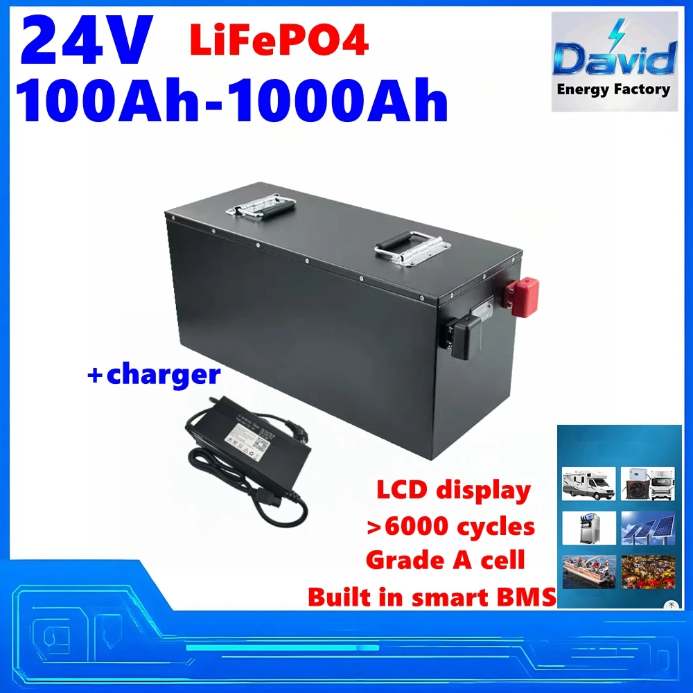 

24V LiFePO4 Battery Replace solar cells 300Ah 200Ah 400Ah 500Ah 600Ah 800Ah 1000Ah with smart BMS RV Outdoor Camping power