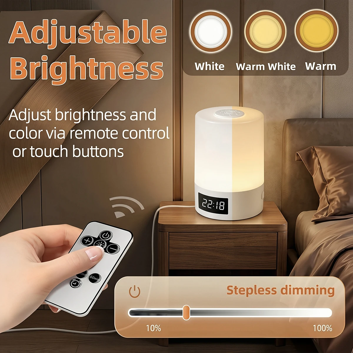 Touch Night Light With Clock Remote Control Dimmable 3 Color Temperature LED Bedside Lamp Timer Function Table Lamp for Bedroom