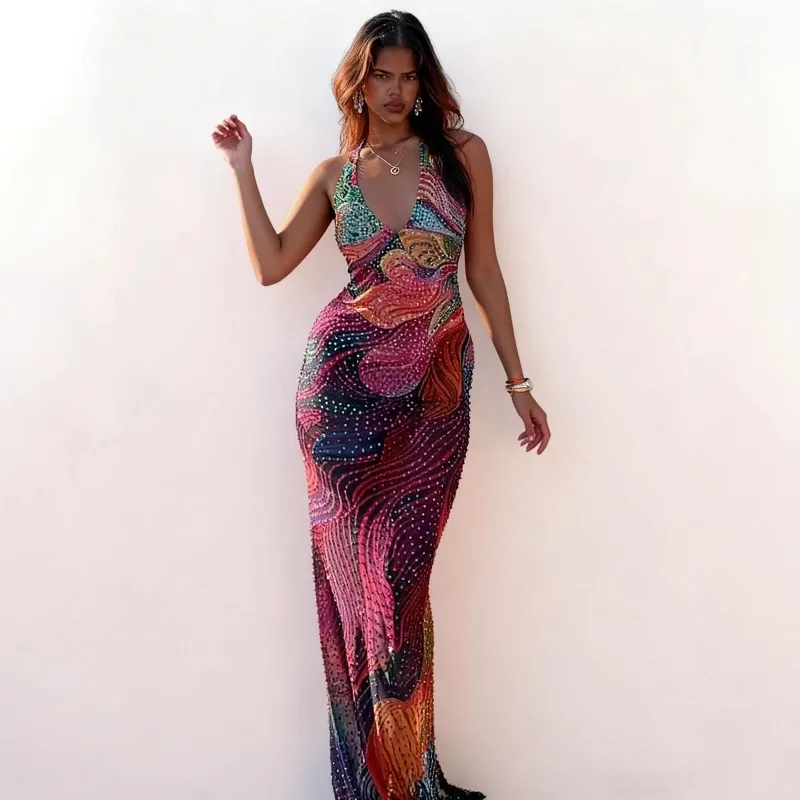 Colorful sequined strapless deep V long dress for women form-fitting slit dress gradient print dress for dinner parties fashion