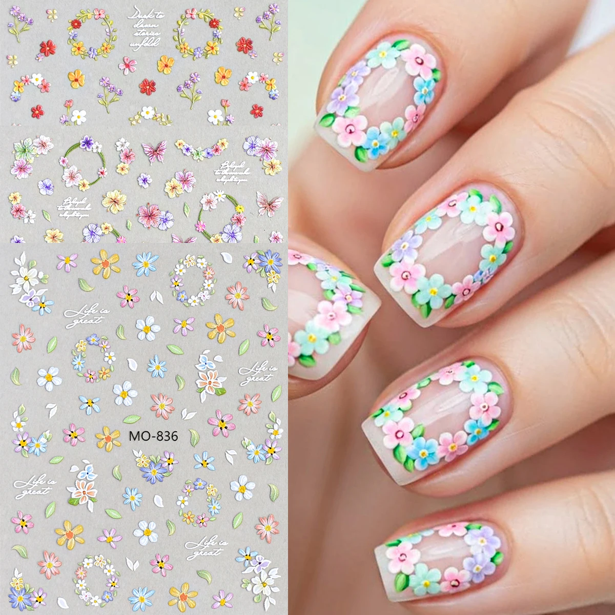Summer Wildflower Embossed Nail Stickers, Summer Floral Embossed Nail Decals, 3D Decorative Accessories