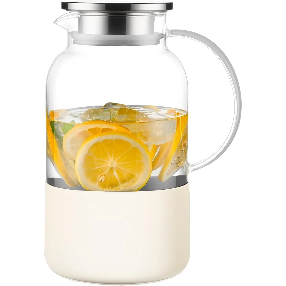 

Glass Water Jug Pitcher 61 oz 1.8L with Silicone Base Lid Handle for Hot Cold Coffee Juice Lemonade Milk Carafe Off-White