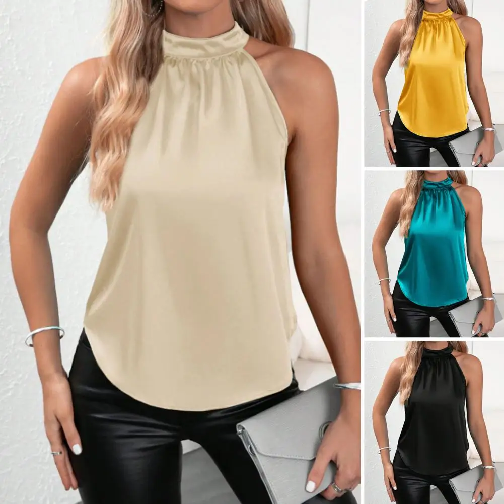 Women Satin Halter Top Button-up Halter Neck Blouse Elegant Summer Satin Halter Top for Women Off Shoulder Tank