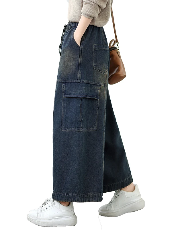 بالإضافة إلى حجم Fce اصطف الدنيم السراويل واسعة الساق عارضة عالية الخصر مزيج القطن مريحة الخريف الشتاء فضفاضة تناسب الجينز النسائية