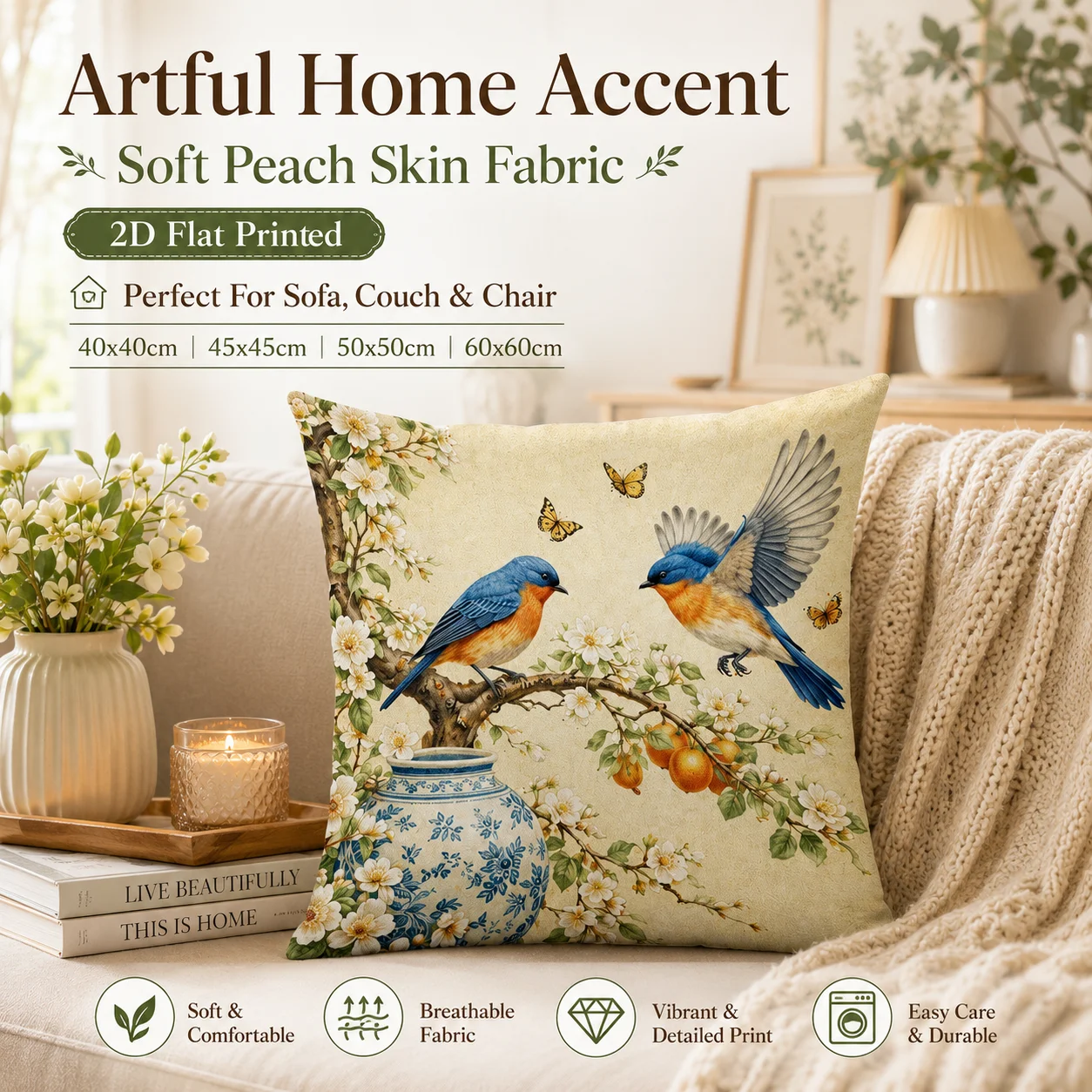 Vintage Bird Blossom Cushion Cover 2D Flat Printed Peach Skin Pillowcase for Living Room Sofa Decoration Aesthetic Pillow Shell