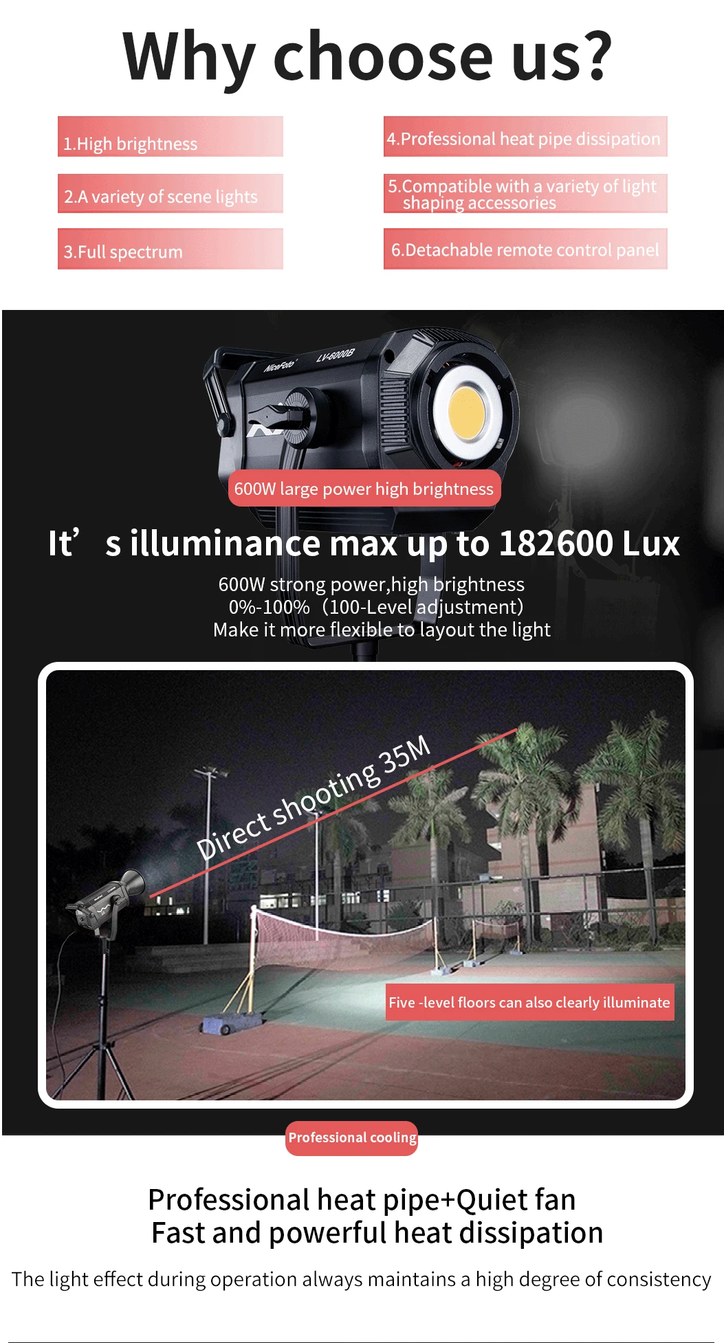 NiceFoto LV-6000B 600W Professional Video Fill LED Continuous Light Photographic Studio Lighting Equipment for Filming