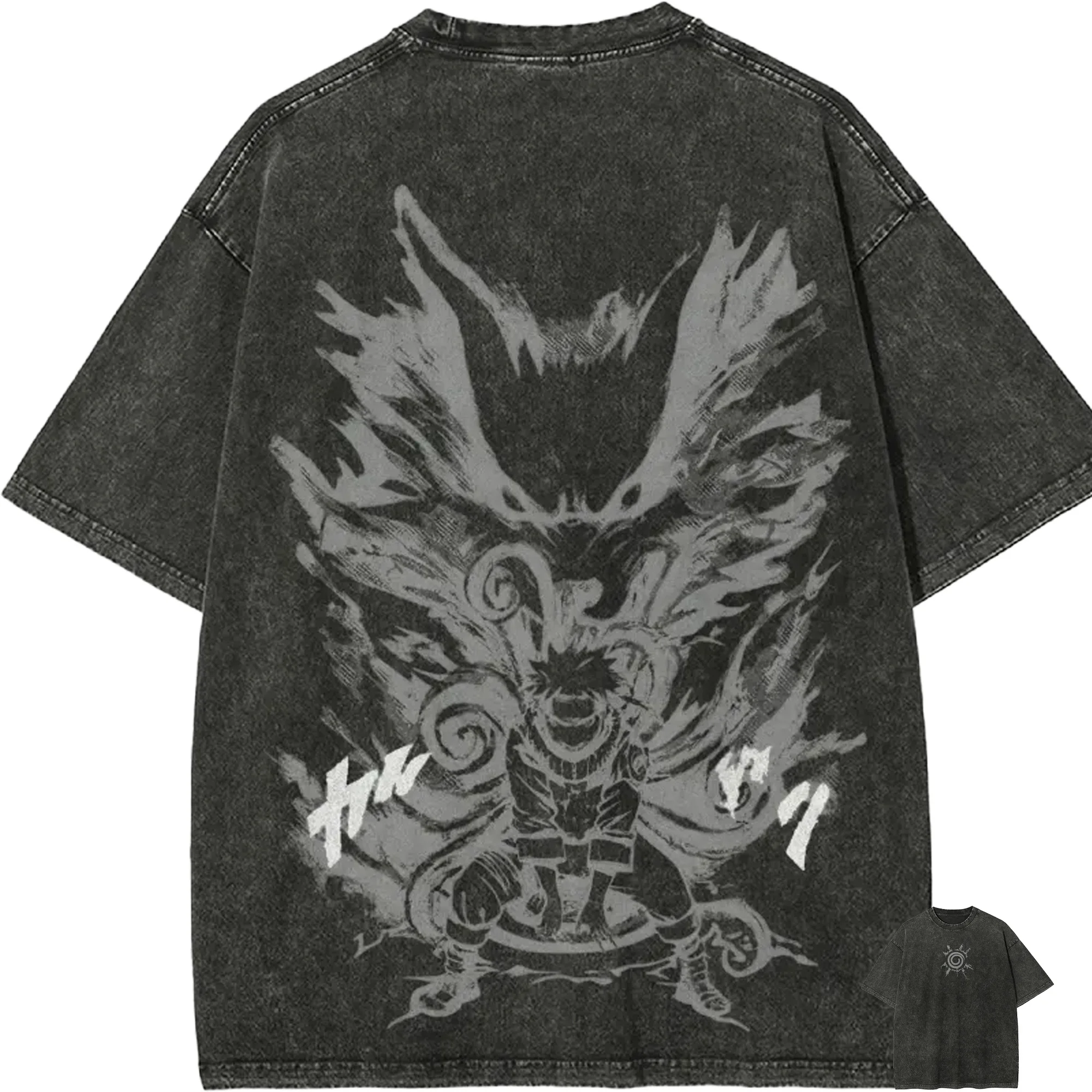 Naruto Uzumaki Kurama T-Shirt Nine Tails Vintage Acid Wash Streetwear Übergroßes Retro Anime Grafik Baumwoll-Herren-T-Shirt Top