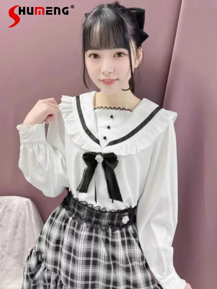 

Rojita Cute Lace Sailor Collar Strap Brooch Pink Black Shirt 2023 Spring New Japanese Style Long Sleeve Shirt and Blouse Women