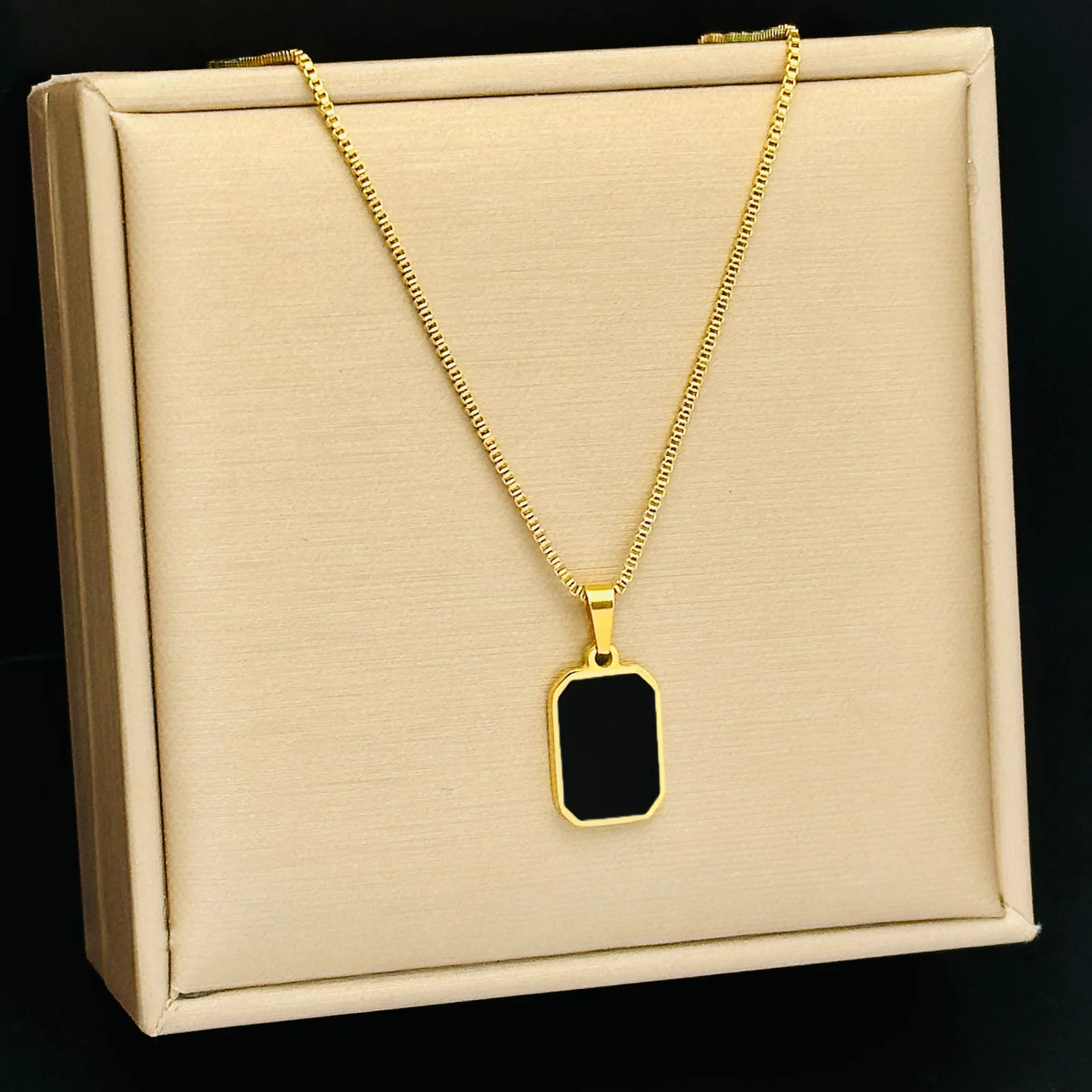 Stainless Steel Minimalist Rectangular Pendant Korean Black Epoxy Women's Necklace Exquisite Long Jewelry Gifts