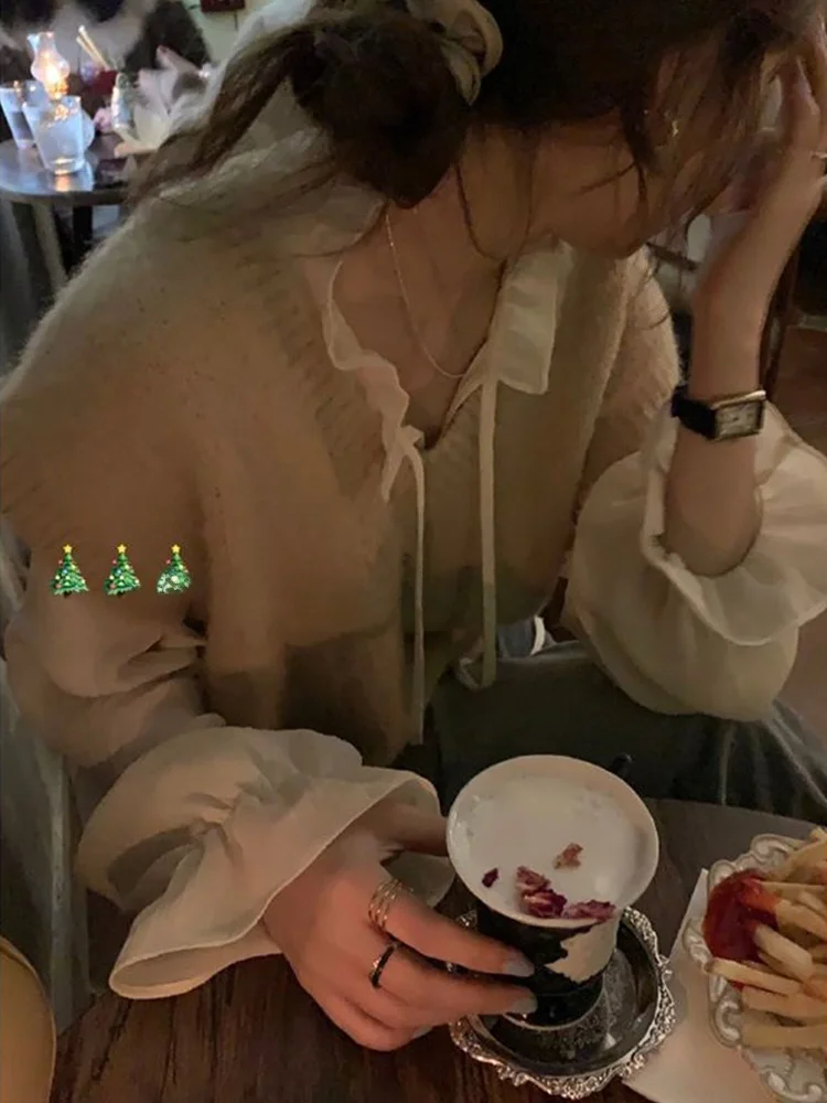 레트로 우드 에지 v 넥 시폰 셔츠 여성 봄 가을 디자인 감각 작은 관객 레이어링 기본 세련된 탑 얇은